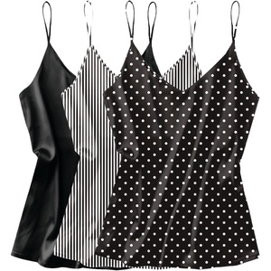 image:imageEkouaer 3 Pack Womens Silk Satin Tank Top V Neck Camisole Cami Spaghetti Strap Top Loose Sleeveless Blouses Tank ShirtBlackBlackwhite StripesBlack Polka Dots