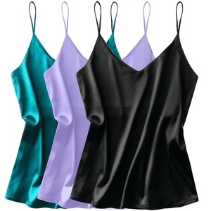 image:imageEkouaer 3 Pack Womens Silk Satin Tank Top V Neck Camisole Cami Spaghetti Strap Top Loose Sleeveless Blouses Tank ShirtBlackDark GreenLilac