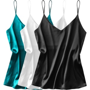 image:imageEkouaer 3 Pack Womens Silk Satin Tank Top V Neck Camisole Cami Spaghetti Strap Top Loose Sleeveless Blouses Tank ShirtBlackWhiteDark Green