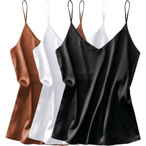 image:imageEkouaer 3 Pack Womens Silk Satin Tank Top V Neck Camisole Cami Spaghetti Strap Top Loose Sleeveless Blouses Tank ShirtBlackWhiteKhaki