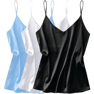 image:imageEkouaer 3 Pack Womens Silk Satin Tank Top V Neck Camisole Cami Spaghetti Strap Top Loose Sleeveless Blouses Tank ShirtBlackWhiteLight Blue
