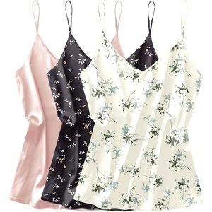 image:imageEkouaer 3 Pack Womens Silk Satin Tank Top V Neck Camisole Cami Spaghetti Strap Top Loose Sleeveless Blouses Tank ShirtChampagneBlack FloralWhite Floral