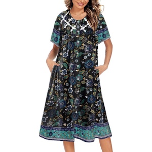 image:imageEkouaer House Dress for Women Button Down Nightgown Short Sleeve Housecoat with pockets S4XLNavy Blue Flower
