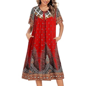 image:imageEkouaer House Dress for Women Button Down Nightgown Short Sleeve Housecoat with pockets S4XLRed Ethnic Print