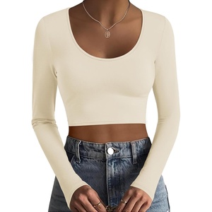 image:imageEkouaer Long Sleeve Crop Tops for Women Scroop Neck Lightweight Basic Base Layer Thermal Undershirts ShirtsA Offwhite