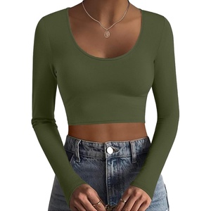image:imageEkouaer Long Sleeve Crop Tops for Women Scroop Neck Lightweight Basic Base Layer Thermal Undershirts ShirtsOlive Green