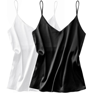 image:imageEkouaer Satin Tank Tops for Women Silk Camisole Tops 2 Pack V Neck Spaghetti Strap Blouse Soft Dressy Camisole2 PackwhiteBlack