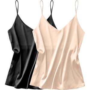 image:imageEkouaer Satin Tank Tops for Women Silk Camisole Tops 2 Pack V Neck Spaghetti Strap Blouse Soft Dressy CamisoleBlackChampagne