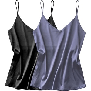 image:imageEkouaer Satin Tank Tops for Women Silk Camisole Tops 2 Pack V Neck Spaghetti Strap Blouse Soft Dressy CamisoleBlackGrey