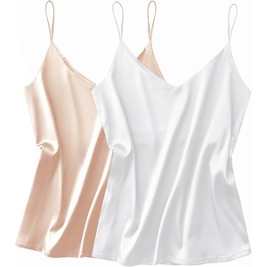 image:imageEkouaer Satin Tank Tops for Women Silk Camisole Tops 2 Pack V Neck Spaghetti Strap Blouse Soft Dressy CamisoleChampagneWhite