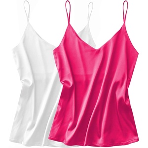 image:imageEkouaer Satin Tank Tops for Women Silk Camisole Tops 2 Pack V Neck Spaghetti Strap Blouse Soft Dressy CamisoleRose RedWhite