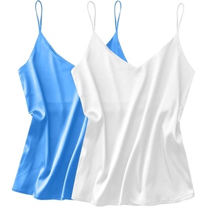 image:imageEkouaer Satin Tank Tops for Women Silk Camisole Tops 2 Pack V Neck Spaghetti Strap Blouse Soft Dressy CamisoleWhiteLight Blue