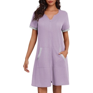image:imageEkouaer Women Zipper Robe Waffle Short Sleeve Bathrobes Lightweight Knee Length Housecoat with Pockets
