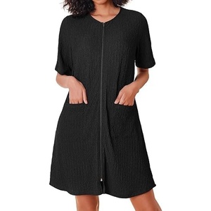 image:imageEkouaer Women Zipper Robes Knit Short Bathrobe Lightweight House Coat with Pockets Soft NightgownBlack