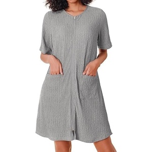 image:imageEkouaer Women Zipper Robes Knit Short Bathrobe Lightweight House Coat with Pockets Soft NightgownGrey