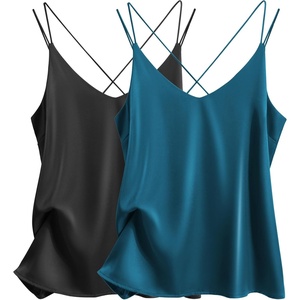 image:imageEkouaer Womens 2Pack Silk Satin Camisole Tank Top V Neck Sexy Cross Back Spaghetti Strap Cami Sleeveless Lounge Tops SXXLBlackblue Green