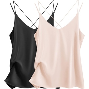 image:imageEkouaer Womens 2Pack Silk Satin Camisole Tank Top V Neck Sexy Cross Back Spaghetti Strap Cami Sleeveless Lounge Tops SXXLBlackchampagne