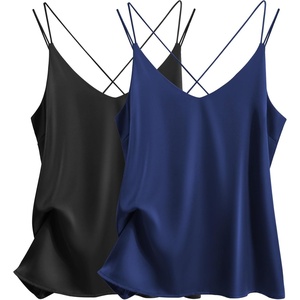 image:imageEkouaer Womens 2Pack Silk Satin Camisole Tank Top V Neck Sexy Cross Back Spaghetti Strap Cami Sleeveless Lounge Tops SXXLBlacknavy Blue