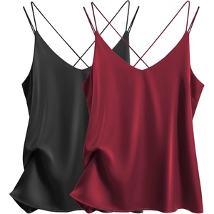 image:imageEkouaer Womens 2Pack Silk Satin Camisole Tank Top V Neck Sexy Cross Back Spaghetti Strap Cami Sleeveless Lounge Tops SXXLBlackwine Red