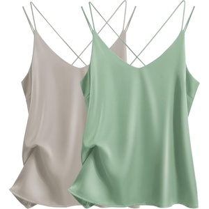 image:imageEkouaer Womens 2Pack Silk Satin Camisole Tank Top V Neck Sexy Cross Back Spaghetti Strap Cami Sleeveless Lounge Tops SXXLDusty Greenmisty Grey