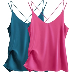 image:imageEkouaer Womens 2Pack Silk Satin Camisole Tank Top V Neck Sexy Cross Back Spaghetti Strap Cami Sleeveless Lounge Tops SXXLHot Pinkblue Green