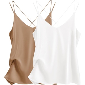 image:imageEkouaer Womens 2Pack Silk Satin Camisole Tank Top V Neck Sexy Cross Back Spaghetti Strap Cami Sleeveless Lounge Tops SXXLWhitekhaki