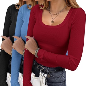 image:imageEkouaer Womens 3 Pack Long Sleeve Shirts Square Neck Basic Ribbed Tops Tee Thermal Undershirts XSXXLBlackBlueBurgundy