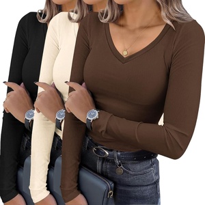 image:imageEkouaer Womens 3 Pack Long Sleeve Shirts V Neck Ribbed Slim Fit Basic Tops Thermal Undershirts Casual Tee XSXXLBlackBeigeBrown