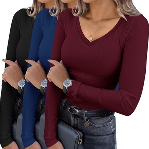 image:imageEkouaer Womens 3 Pack Long Sleeve Shirts V Neck Ribbed Slim Fit Basic Tops Thermal Undershirts Casual Tee XSXXLBlackNavyDark Red