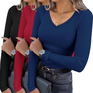 image:imageEkouaer Womens 3 Pack Long Sleeve Shirts V Neck Ribbed Slim Fit Basic Tops Thermal Undershirts Casual Tee XSXXLBlackNavyRed