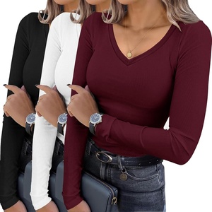 image:imageEkouaer Womens 3 Pack Long Sleeve Shirts V Neck Ribbed Slim Fit Basic Tops Thermal Undershirts Casual Tee XSXXLBlackWhiteDark Red
