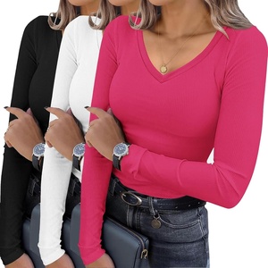image:imageEkouaer Womens 3 Pack Long Sleeve Shirts V Neck Ribbed Slim Fit Basic Tops Thermal Undershirts Casual Tee XSXXLBlackWhiteRose Red
