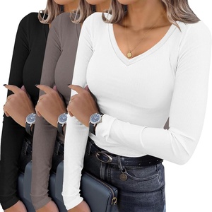 image:imageEkouaer Womens 3 Pack Long Sleeve Shirts V Neck Ribbed Slim Fit Basic Tops Thermal Undershirts Casual Tee XSXXLBlackWhiteTea Grey