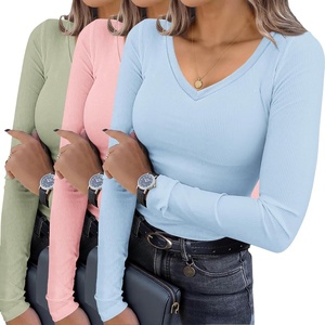 image:imageEkouaer Womens 3 Pack Long Sleeve Shirts V Neck Ribbed Slim Fit Basic Tops Thermal Undershirts Casual Tee XSXXLLight BluePinkLight Green