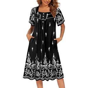 image:imageEkouaer Womens House Dress with Pockets Moomoo Dresses Short Sleeve Mumu Nightgown Lounge Dress Button Down SleepwearBlack Boho