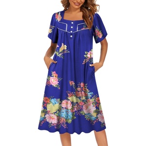 image:imageEkouaer Womens House Dress with Pockets Moomoo Dresses Short Sleeve Mumu Nightgown Lounge Dress Button Down SleepwearBloom