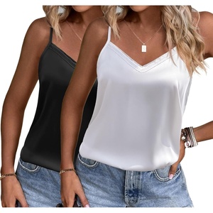 image:imageEkouaer Womens Lace Silk Satin Pajama Tank Tops V Neck Camisole Soft Spaghetti Strap Tops Loose Sleepwear S3XLBlack  White