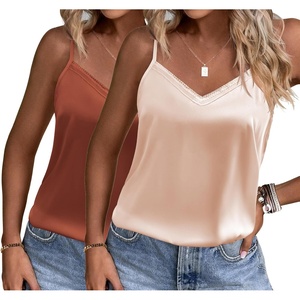 image:imageEkouaer Womens Lace Silk Satin Pajama Tank Tops V Neck Camisole Soft Spaghetti Strap Tops Loose Sleepwear S3XLBrown  Champagne