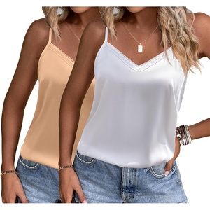 image:imageEkouaer Womens Lace Silk Satin Pajama Tank Tops V Neck Camisole Soft Spaghetti Strap Tops Loose Sleepwear S3XLWhite  Dark Khaki