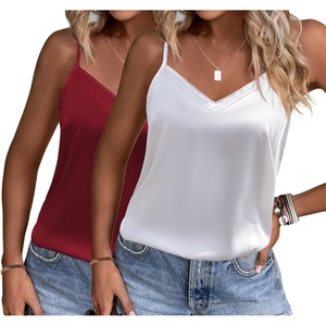 image:imageEkouaer Womens Lace Silk Satin Pajama Tank Tops V Neck Camisole Soft Spaghetti Strap Tops Loose Sleepwear S3XLWhite  Wine Red