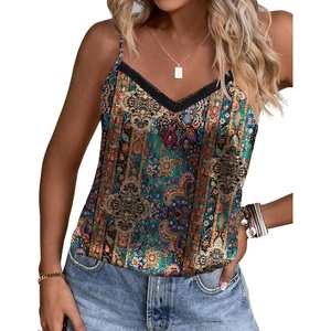 image:imageEkouaer Womens Lace Silk Satin Pajama Tank Tops V Neck Camisole Soft Spaghetti Strap Tops Loose Sleepwear S3XLYellow Paisley Print