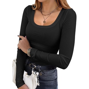 image:imageEkouaer Womens Long Sleeve Shirts Square Neck Slim Fit Basic Tops Ribbed Thermal Undershirts Layering TeeBlack