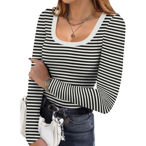 image:imageEkouaer Womens Long Sleeve Shirts Square Neck Slim Fit Basic Tops Ribbed Thermal Undershirts Layering TeeBlack White Stripe