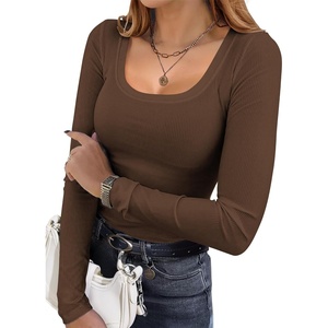 image:imageEkouaer Womens Long Sleeve Shirts Square Neck Slim Fit Basic Tops Ribbed Thermal Undershirts Layering TeeBrown