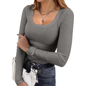 image:imageEkouaer Womens Long Sleeve Shirts Square Neck Slim Fit Basic Tops Ribbed Thermal Undershirts Layering TeeGrey