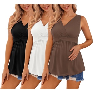 image:imageEkouaer Womens Maternity Tank Tops 3 Packs Sleeveless Nursing Tops V Neck Breastfeeding Shirts Pregnancy ClothesBlack  White  Brown3pcs