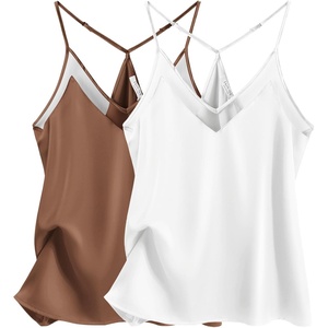 image:imageEkouaer Womens Silk Satin Cami Tank Top 2026 Mesh VNeck Adjustable Strap Sleeveless Summer Camisole Blouse2light BrownWhite