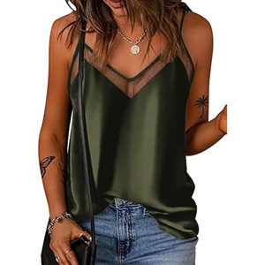 image:imageEkouaer Womens Silk Satin Cami Tank Top 2026 Mesh VNeck Adjustable Strap Sleeveless Summer Camisole BlouseArmy Green