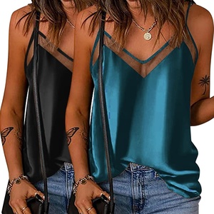 image:imageEkouaer Womens Silk Satin Cami Tank Top 2026 Mesh VNeck Adjustable Strap Sleeveless Summer Camisole BlouseBlackBlue Green