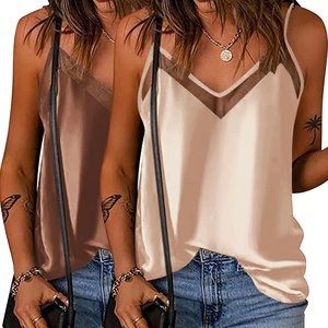image:imageEkouaer Womens Silk Satin Cami Tank Top 2026 Mesh VNeck Adjustable Strap Sleeveless Summer Camisole BlouseCaramelChampagne